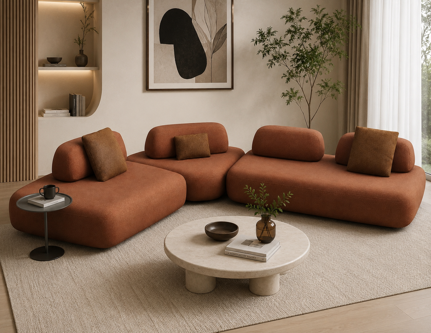 Modern Curved Modular Sofa Set for Living Room | Luxury Upholstered Sectional Couch with Cushions