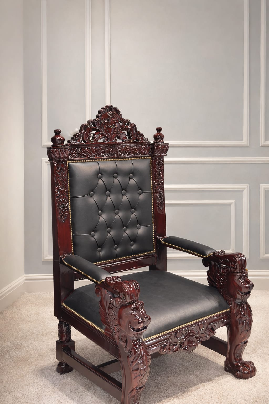 Ouch Cart Royal Carved Wooden Throne Chair – Luxury Tufted Leather Accent Armchair with Lion Head Design