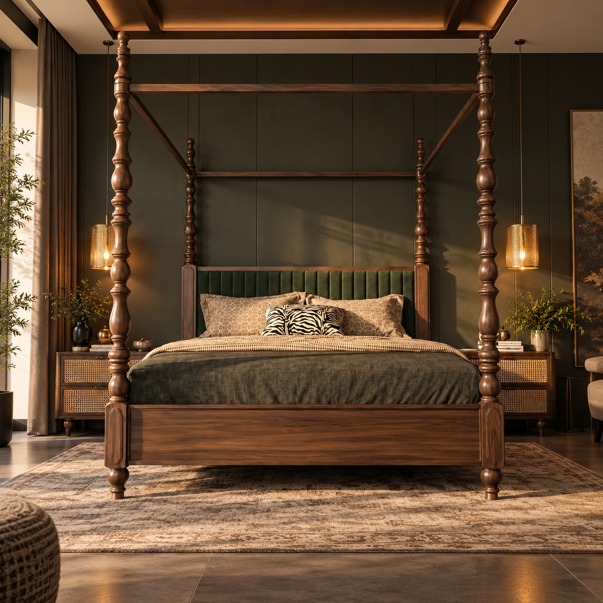 Luxury Wooden Four Poster Bed with Green Upholstered Headboard, Walnut Finish, Elegant Canopy Bed for Bedroom