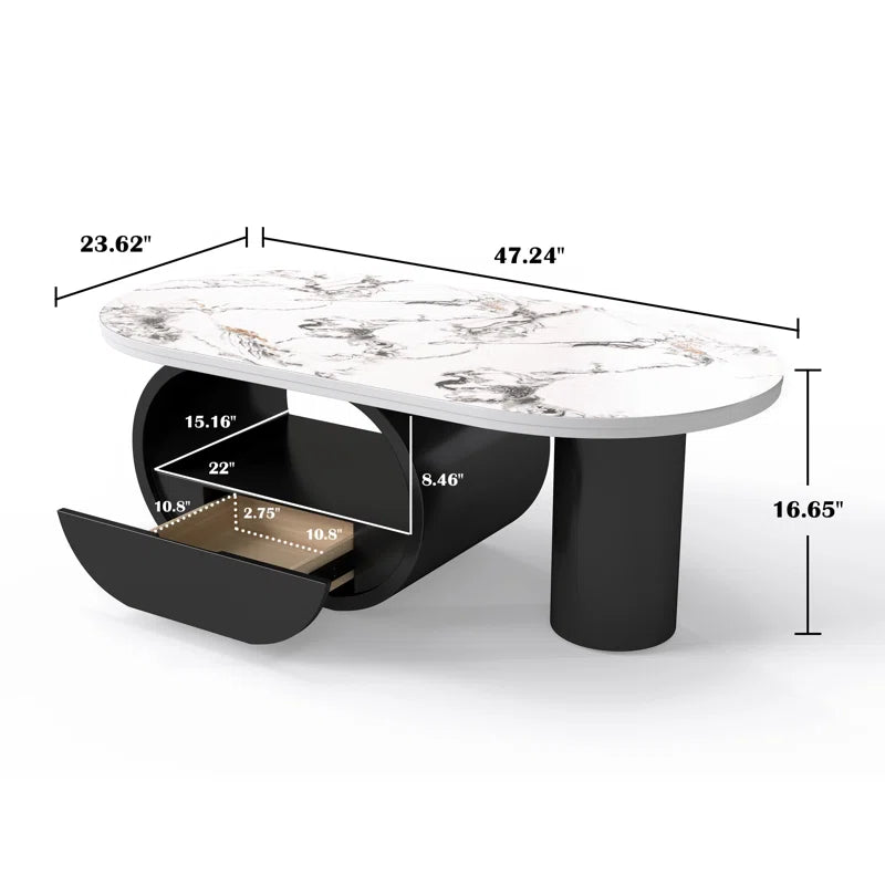 Luxury Oval Marble Finish Coffee Table with Storage Drawer & Shelf | Modern Center Table