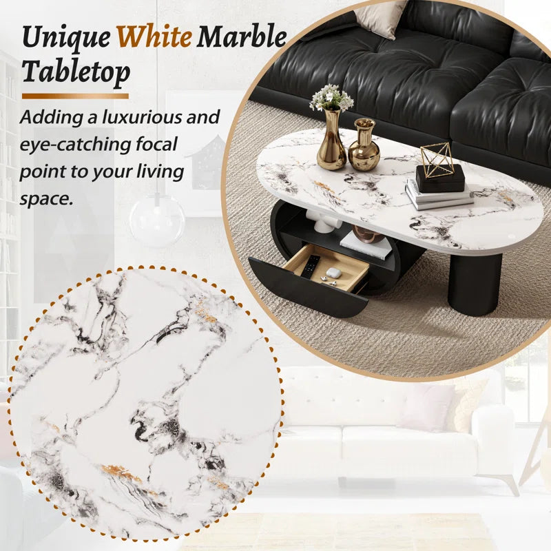 Luxury Oval Marble Finish Coffee Table with Storage Drawer & Shelf | Modern Center Table