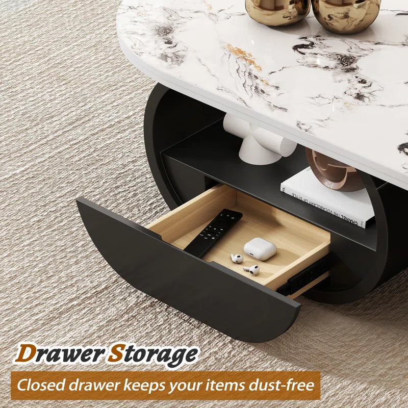 Luxury Oval Marble Finish Coffee Table with Storage Drawer & Shelf | Modern Center Table
