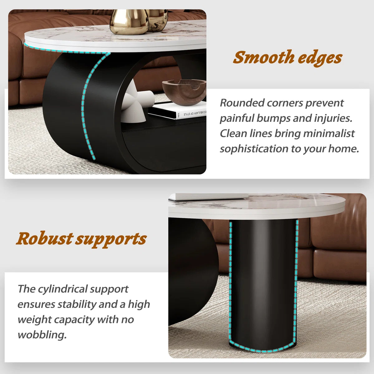 Luxury Oval Marble Finish Coffee Table with Storage Drawer & Shelf | Modern Center Table