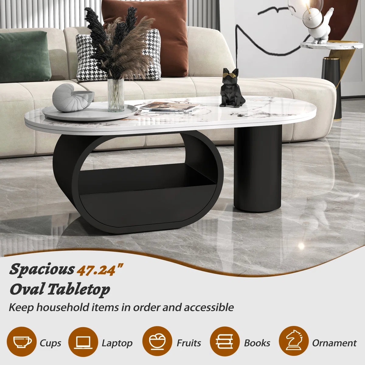 Luxury Oval Marble Finish Coffee Table with Storage Drawer & Shelf | Modern Center Table