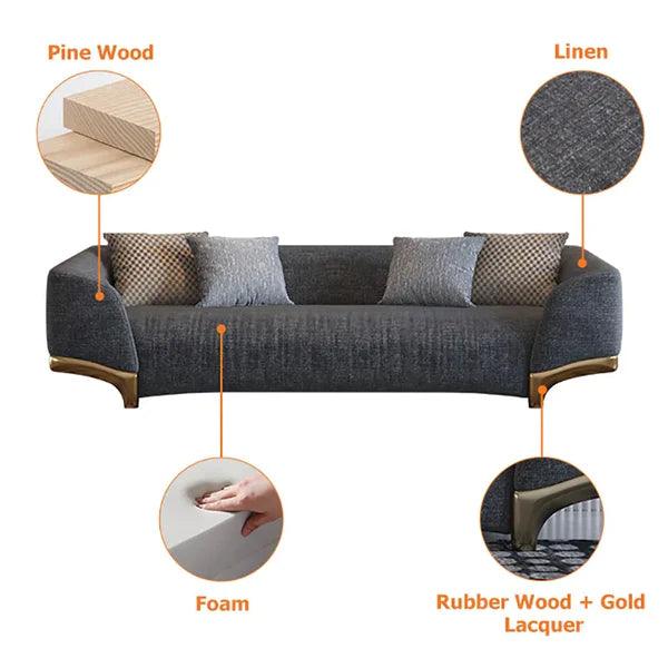 Mitsuki 3-Seat Cotton & Linen Upholstered Sofa with Pillows Gold Legs