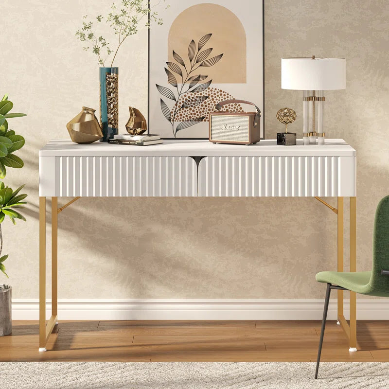 Modern White Makeup Vanity Table & Study Writing Desk with Gold Metal Frame for Bedroom, Office