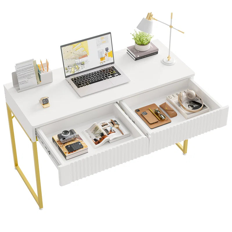 Modern White Makeup Vanity Table & Study Writing Desk with Gold Metal Frame for Bedroom, Office