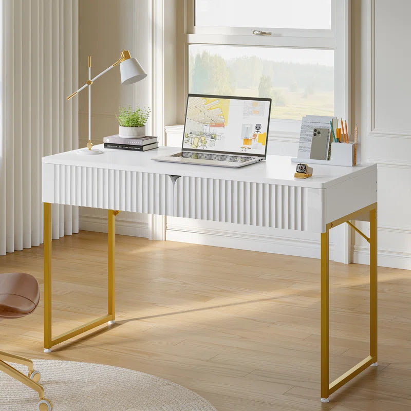 Modern White Makeup Vanity Table & Study Writing Desk with Gold Metal Frame for Bedroom, Office