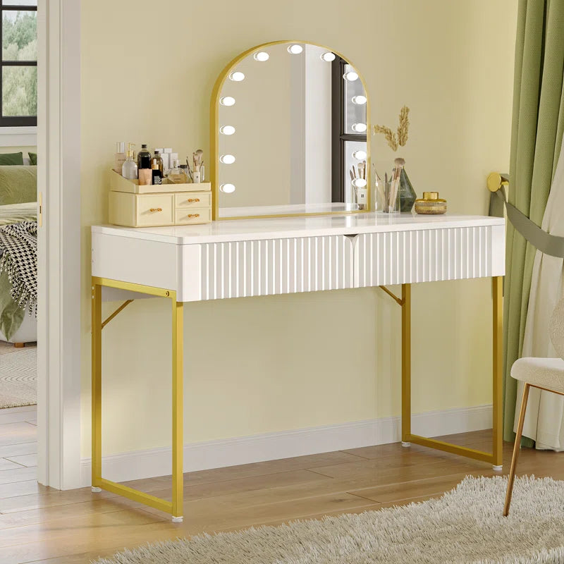 Modern White Makeup Vanity Table & Study Writing Desk with Gold Metal Frame for Bedroom, Office