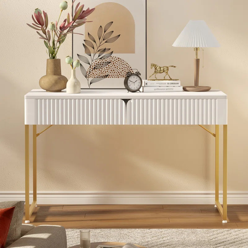 Modern White Makeup Vanity Table & Study Writing Desk with Gold Metal Frame for Bedroom, Office