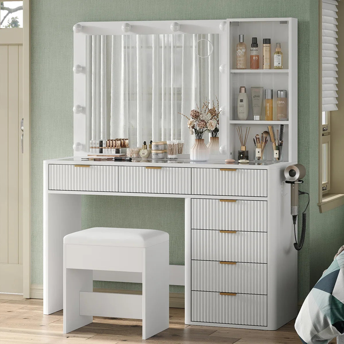 47" Makeup Vanity Desk with Fluted Design – 10 LED Lights, 3-Mode Adjustable Mirror, 7 Drawers & Power Outlet-OUCH CART |Dressing table