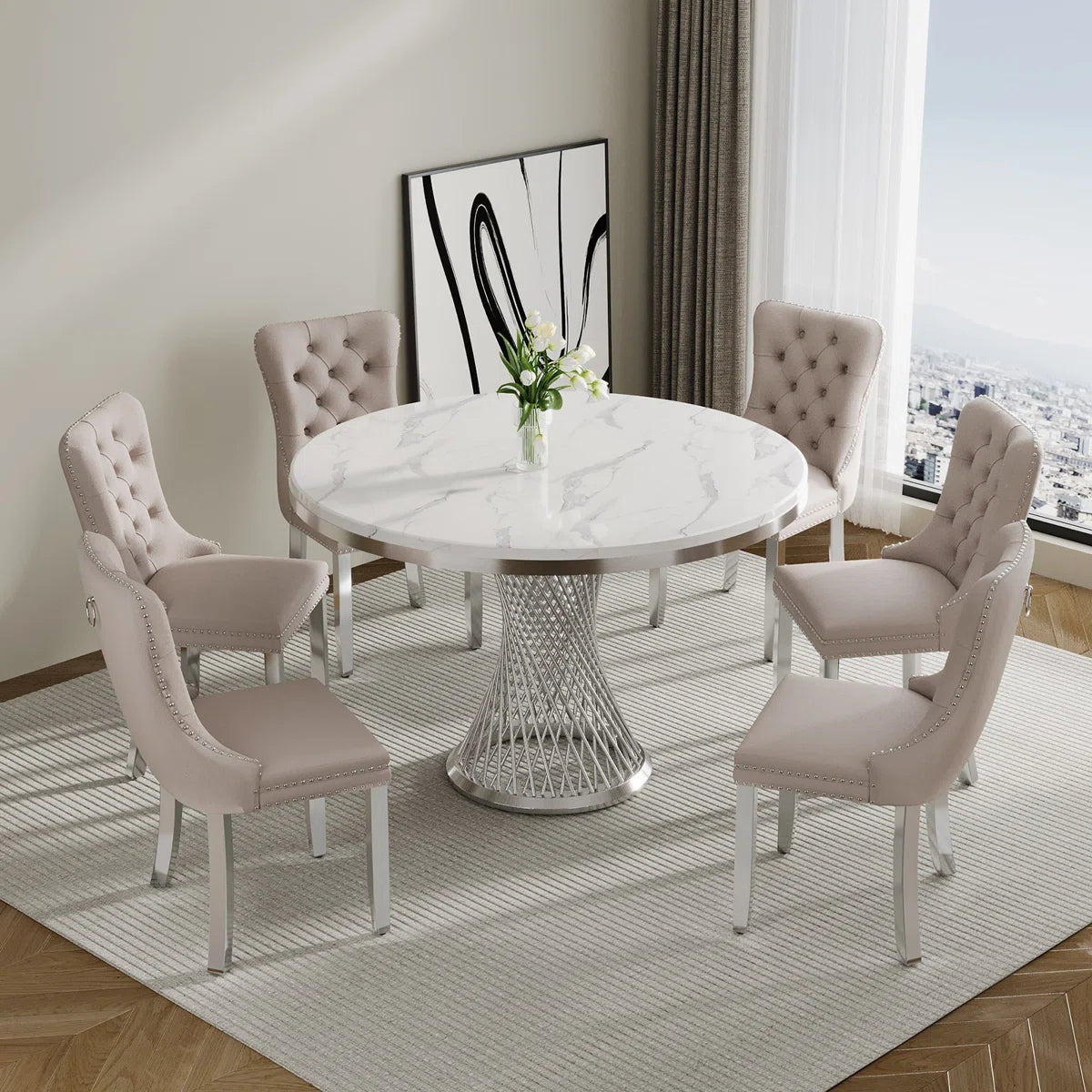 47" 6 - Person Round Marble Dining Table set - OUCH CART 