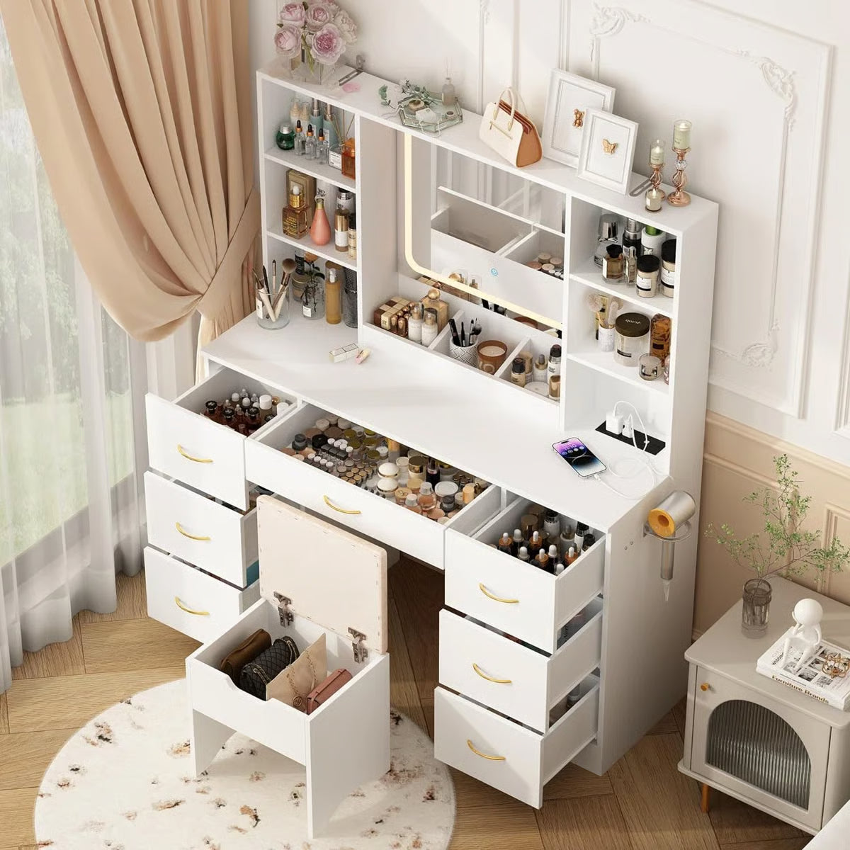 47" Lighted Makeup Vanity Table with LED Mirror, Drawers, Cabinets, Power Outlet, and Adjustable LED Modes-OUCH CART | Dressing table 