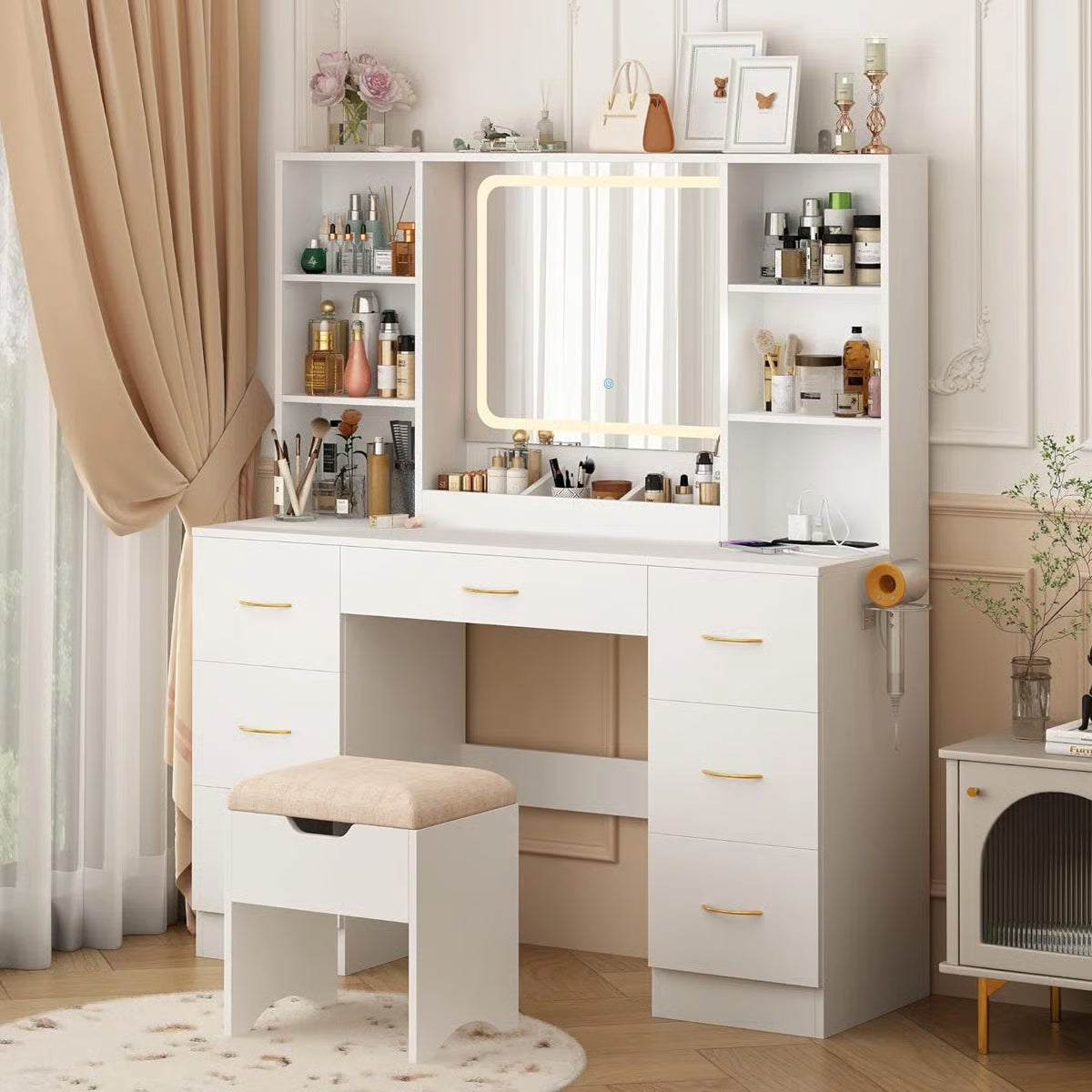 47" Lighted Makeup Vanity Table with LED Mirror, Drawers, Cabinets, Power Outlet, and Adjustable LED Modes
