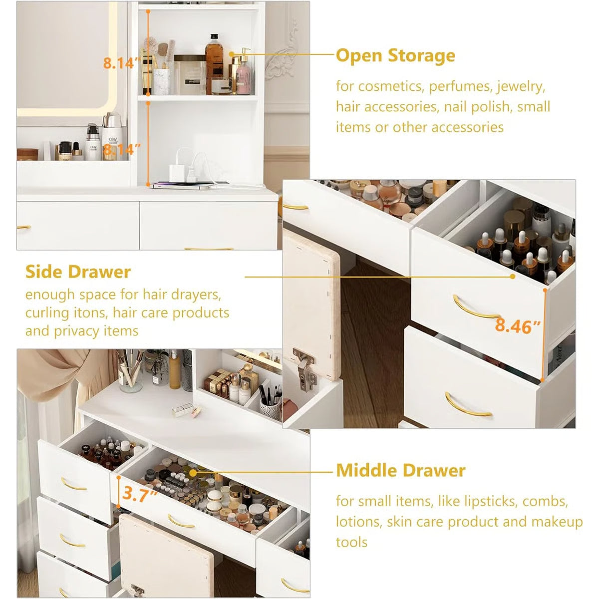 47" Lighted Makeup Vanity Table with LED Mirror, Drawers, Cabinets, Power Outlet, and Adjustable LED Modes-OUCH CART | Dressing table 