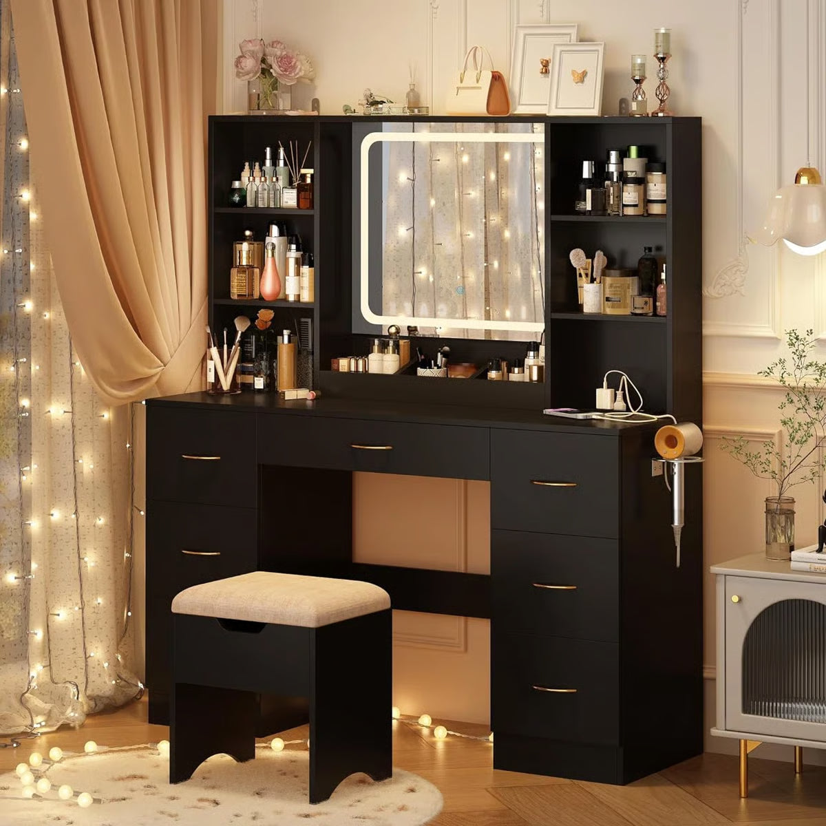 47" Lighted Makeup Vanity Table with LED Mirror, Drawers, Cabinets, Power Outlet, and Adjustable LED Modes-OUCH CART | Dressing table 