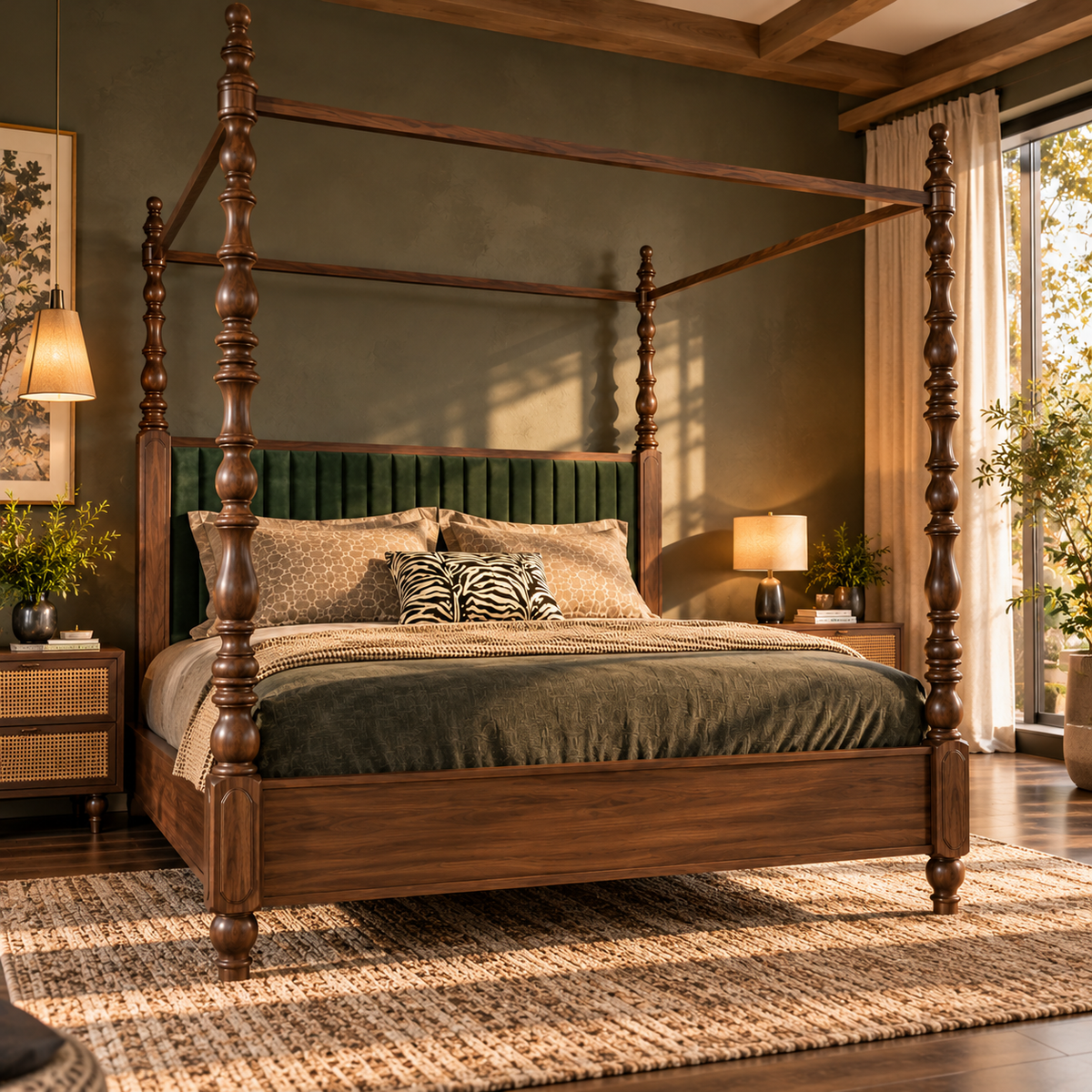 Luxury Wooden Four Poster Bed with Green Upholstered Headboard, Walnut Finish, Elegant Canopy Bed for Bedroom