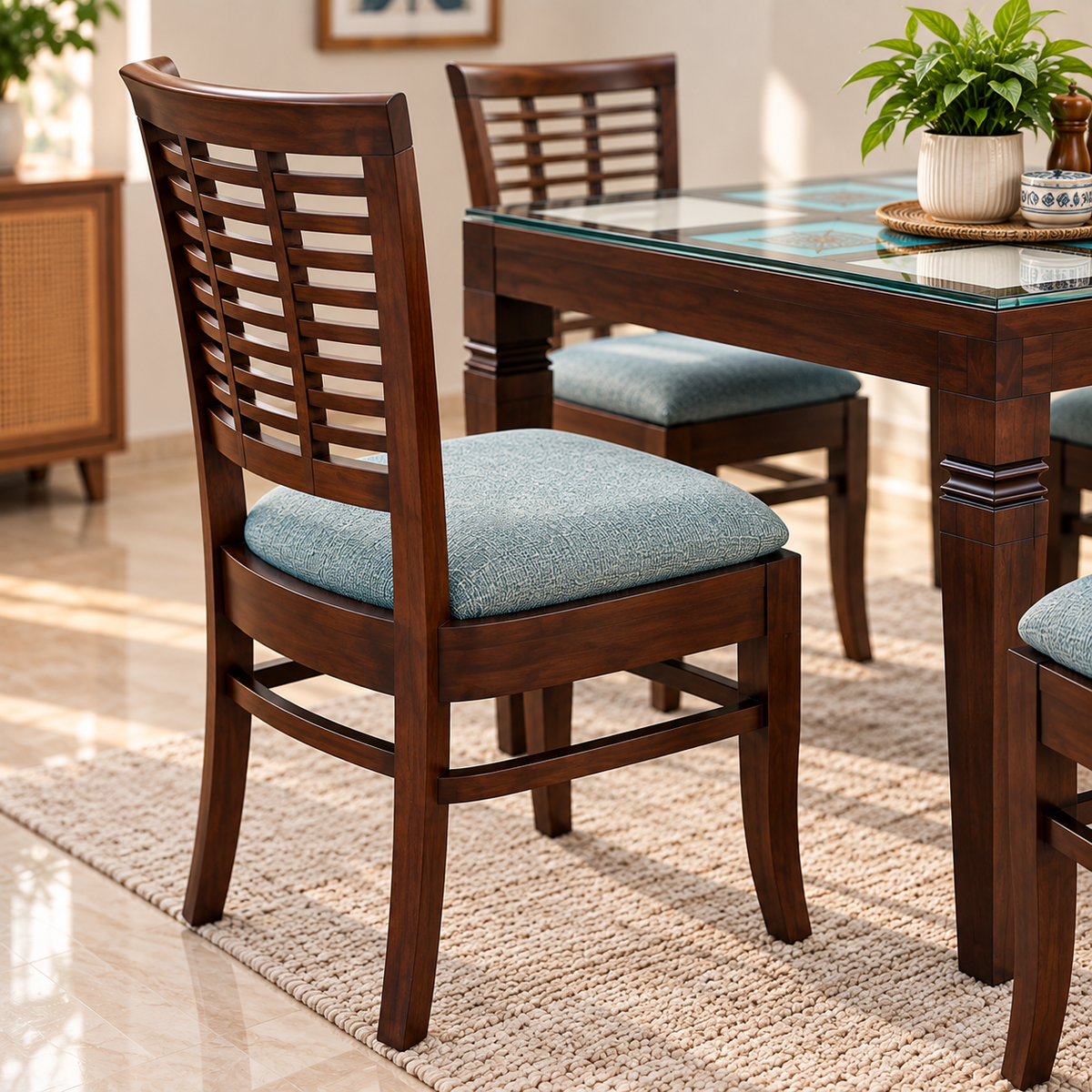 4 Seater Wooden Dining Table Set with Chairs | Glass Top Dining Table with Teal Cushioned Chairs