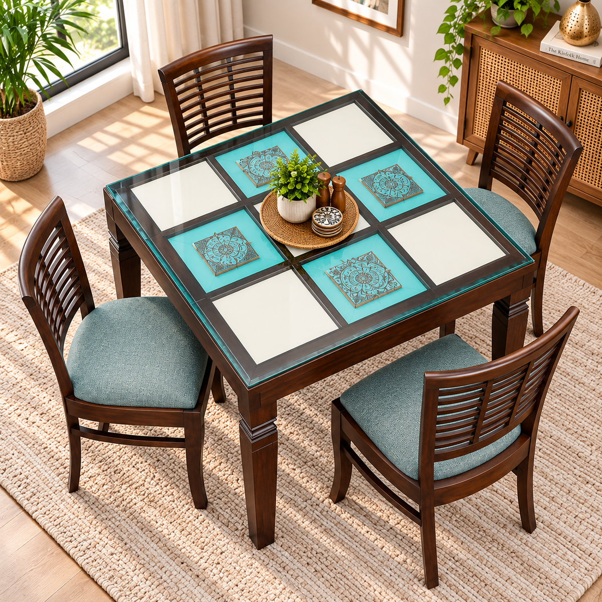 4 Seater Wooden Dining Table Set with Chairs | Glass Top Dining Table with Teal Cushioned Chairs
