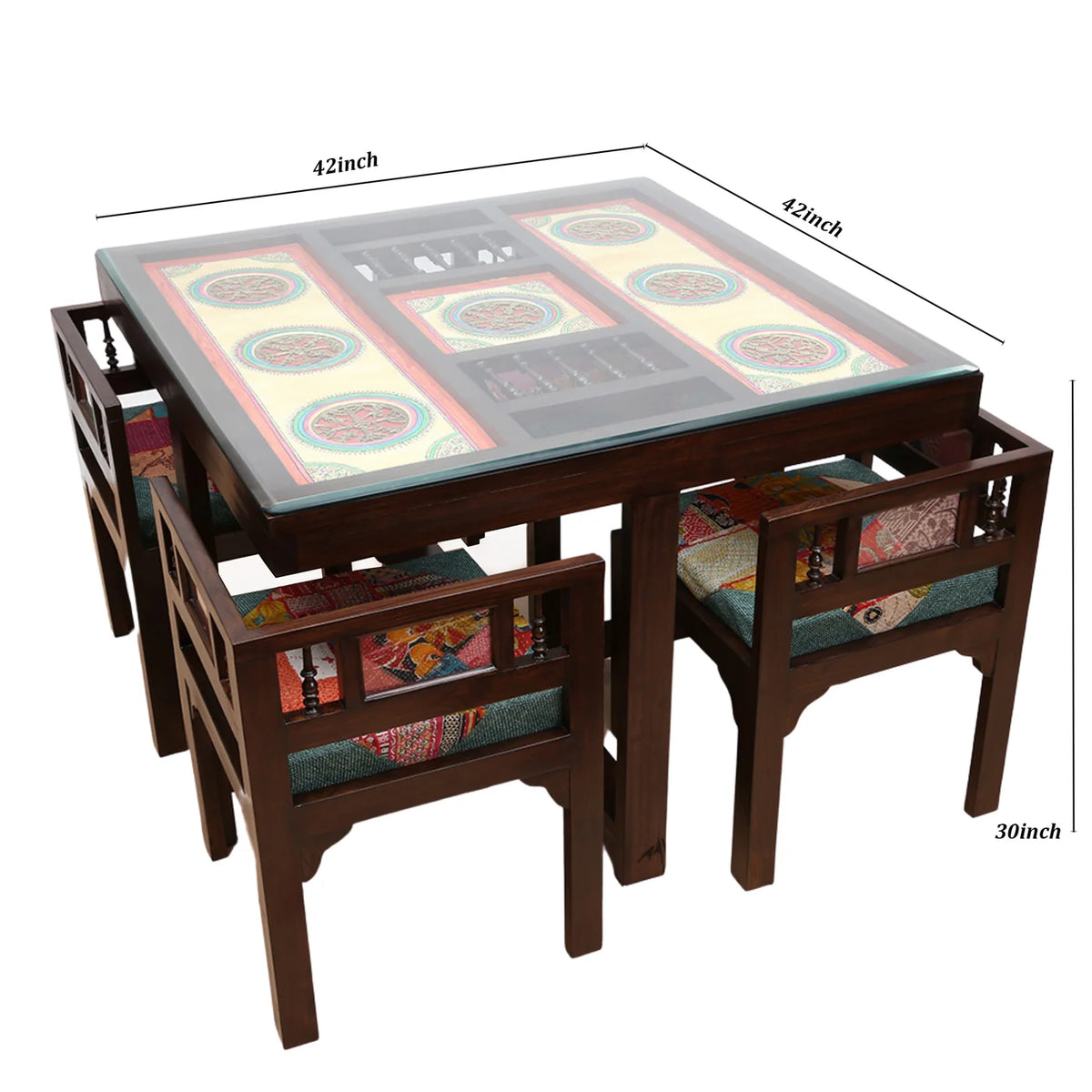 4 Seater Wooden Dining Table Set with Chairs | Glass Top Dining Table with Colorful Upholstered Seating