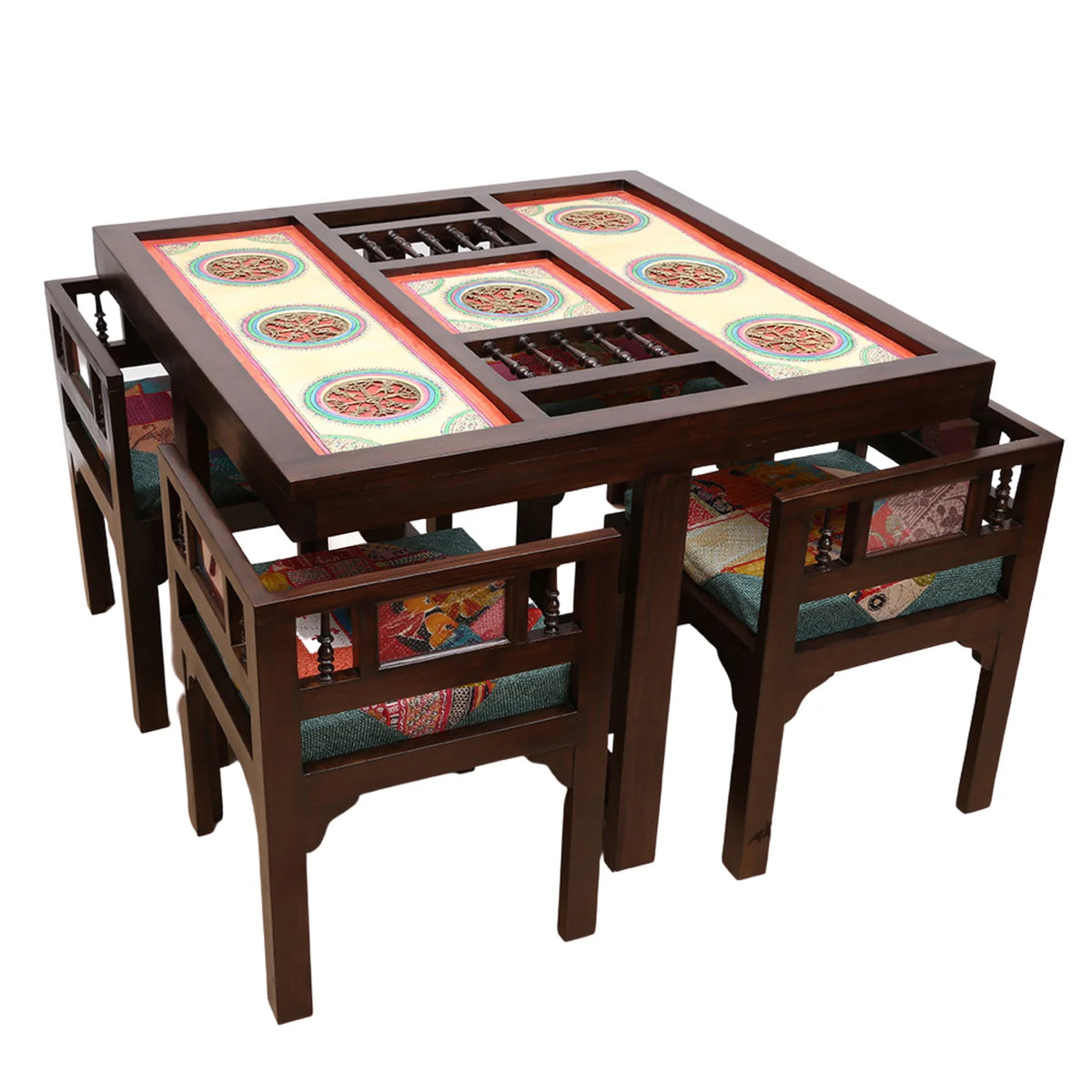 4 Seater Wooden Dining Table Set with Chairs | Glass Top Dining Table with Colorful Upholstered Seating