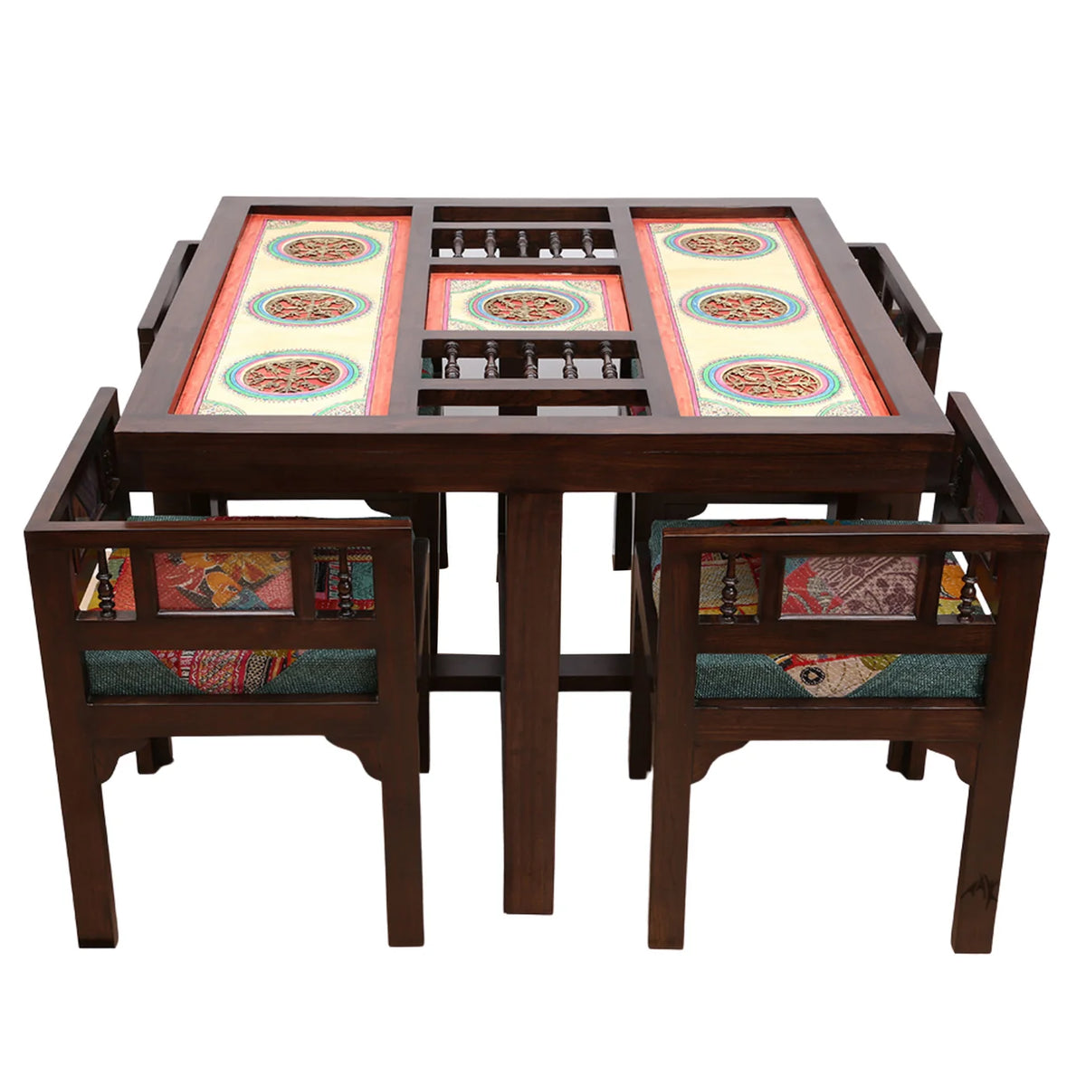 4 Seater Wooden Dining Table Set with Chairs | Glass Top Dining Table with Colorful Upholstered Seating