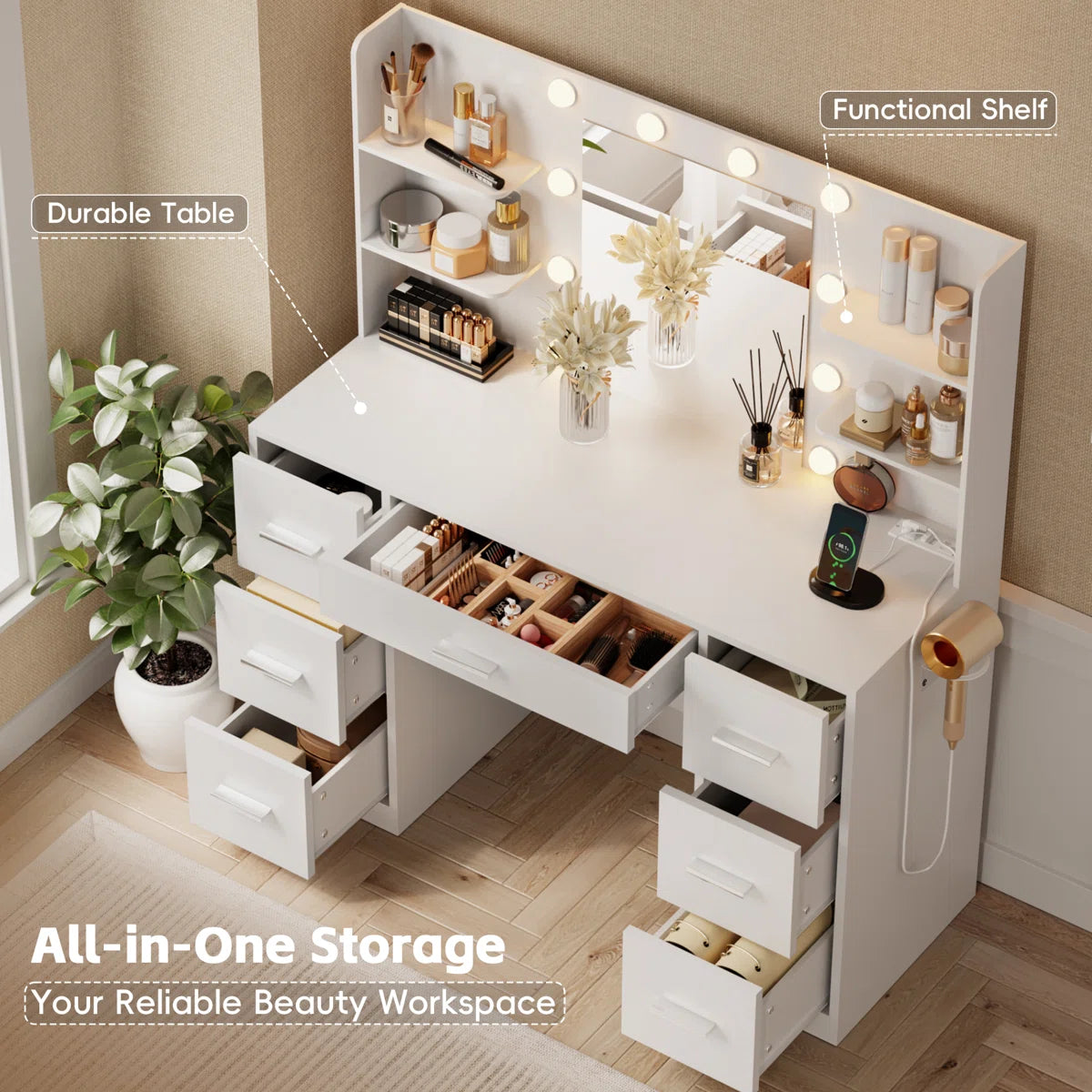 Ragin Vanity Desk with 3-Mode LED Mirror Lights and Built-In USB Charging Station