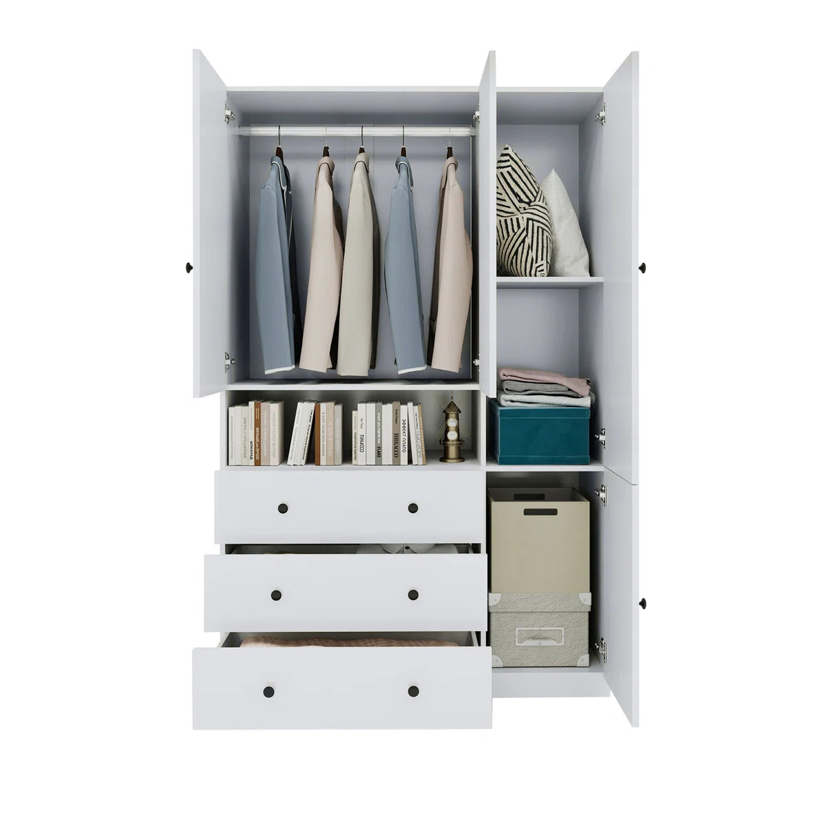 3-Door Wooden Wardrobe Armoires with Drawers, White
