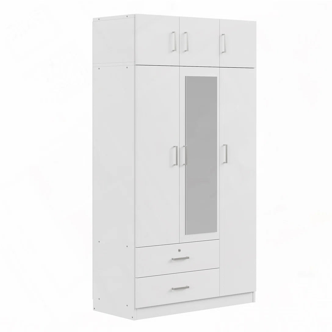 Izzat Wood Freestanding Wardrobe with Built-In Mirror, 2 Drawers and Top Cabinet