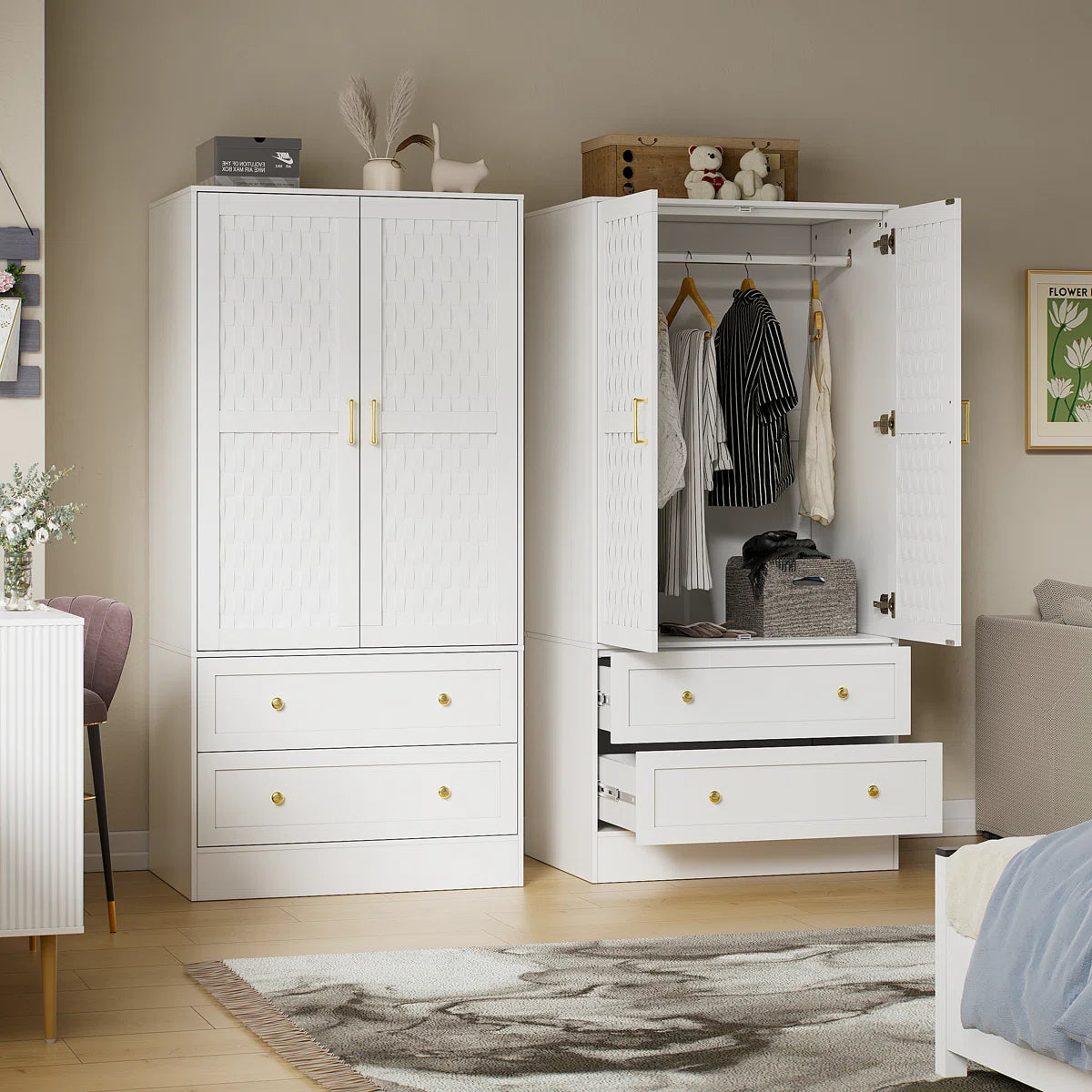 Ayara Armoire Wardrobe Closet with 2 Woven Doors, 2 Wide Drawers & Hanging Rod
