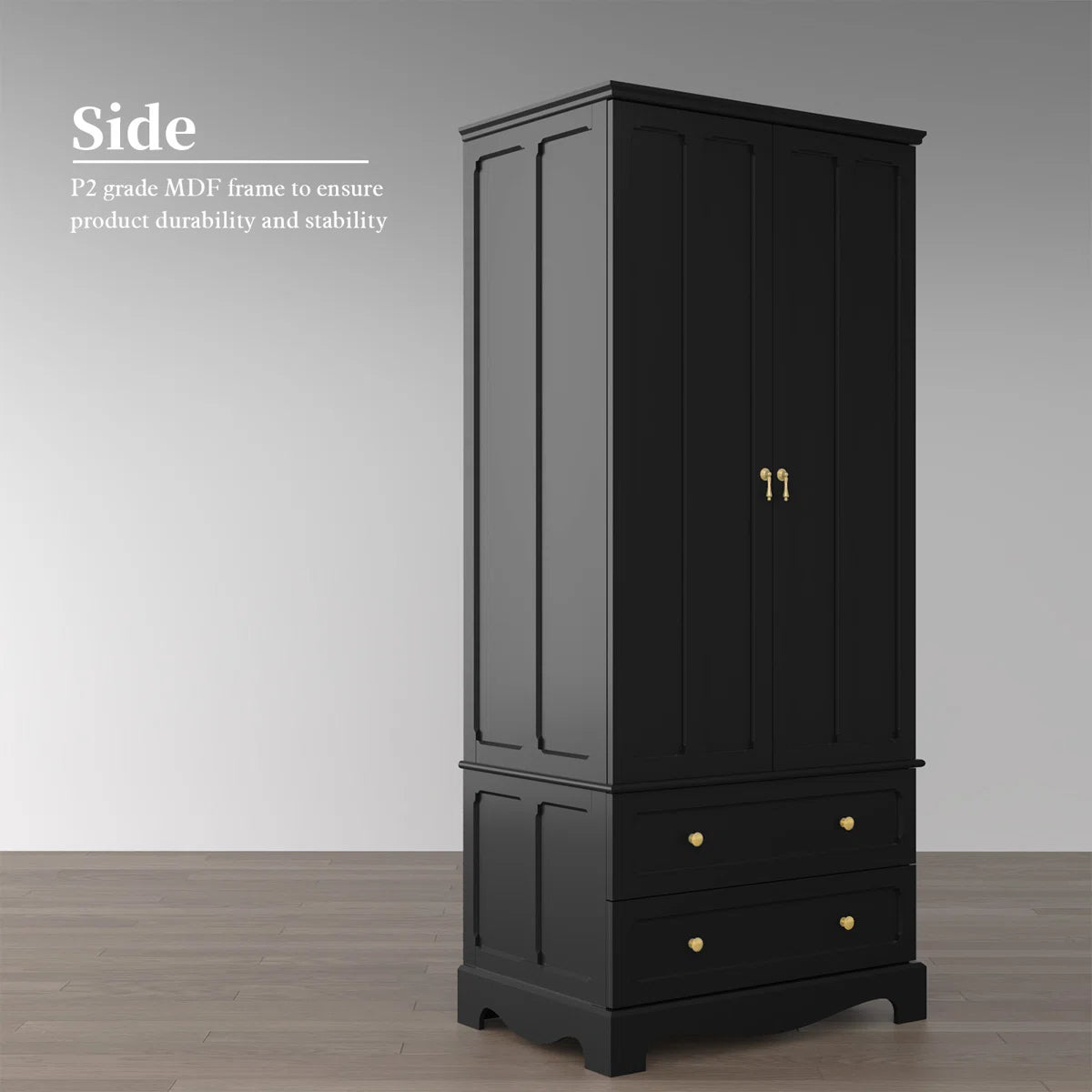Freestanding Wooden Wardrobe Armoire with 2 Drawers
