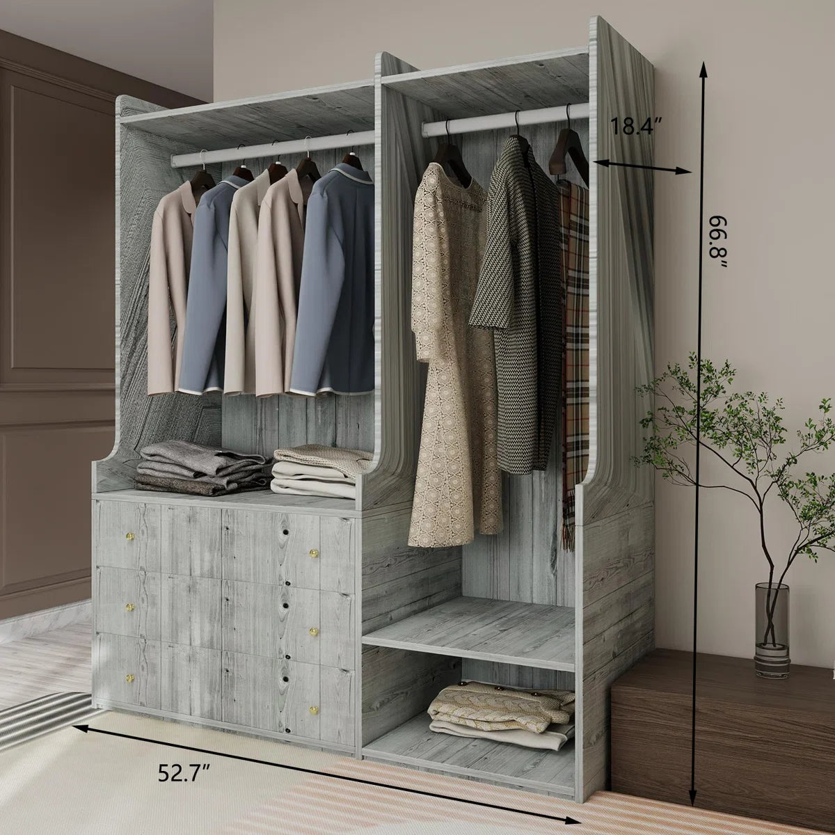Open Wooden Wardrobe In Bedroom