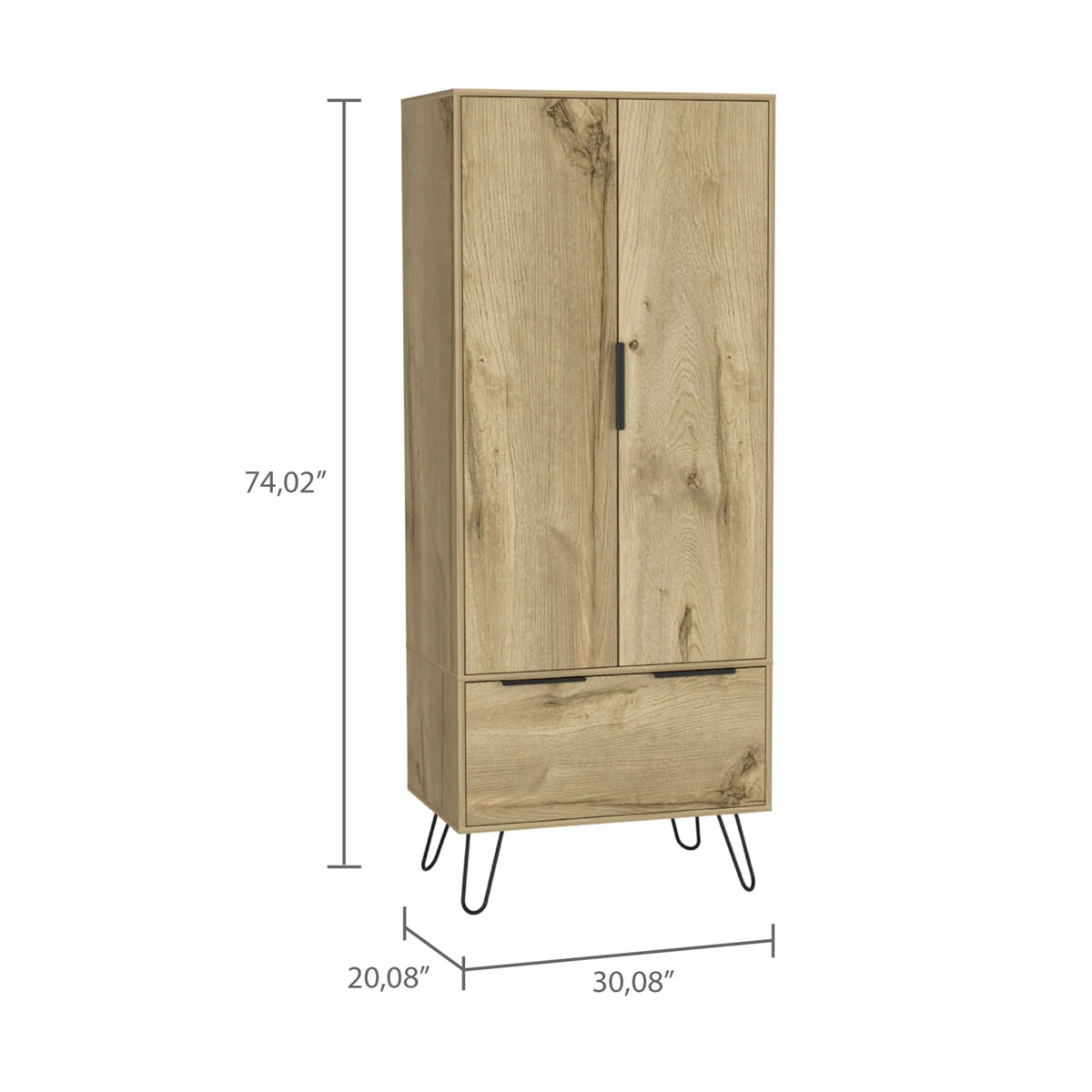 Light Oak Wooden Wardrobe With 2-Doors And 1-Drawer