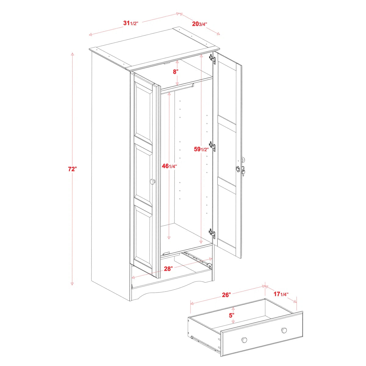 Primm Flexible 100% Solid Wood 2-door Wardrobe Armoire with Lock