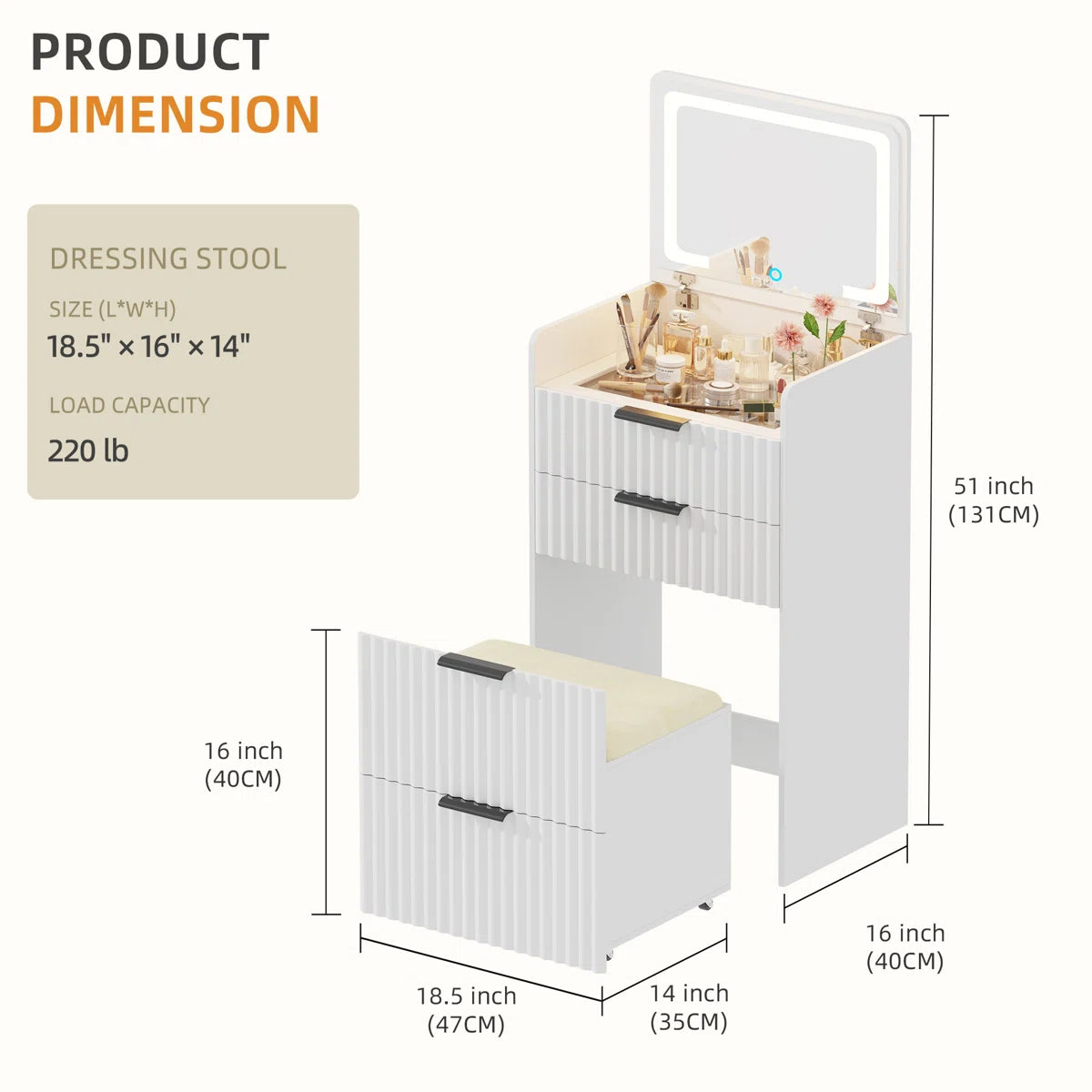 Space-Saving Vanity Desk with Flip-Up LED Mirror, Glass Drawer Storage, and Hidden Stool- OUCH CART| Dressing tables 
