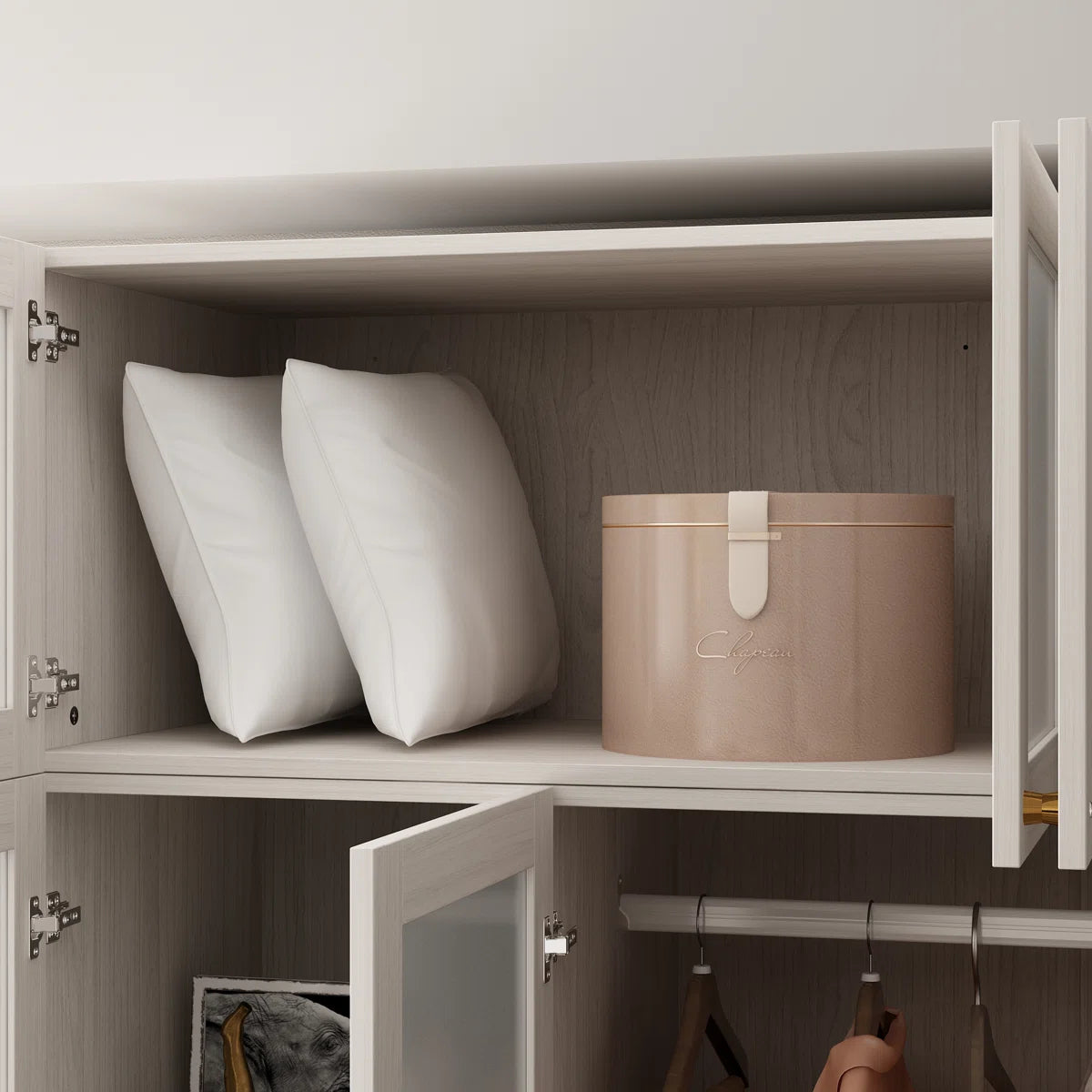Elegant 4-Door Wardrobe With Frosted Glass Panels, Brass Handles, And Ample Storage Space – Adjustable Shelves And Large Drawers For Modern Organization