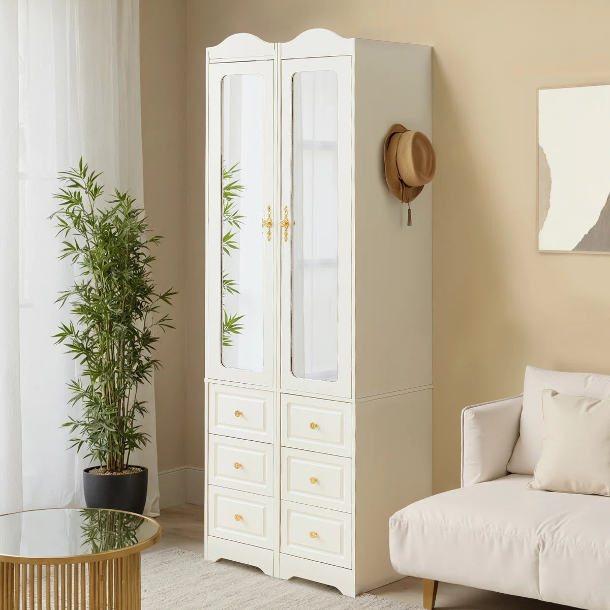 Armoire Wardrobe Closet & Wardrobe Cabinet With 6 Drawers And 2 Mirrors & With Hanging Rod & Sensor Lights