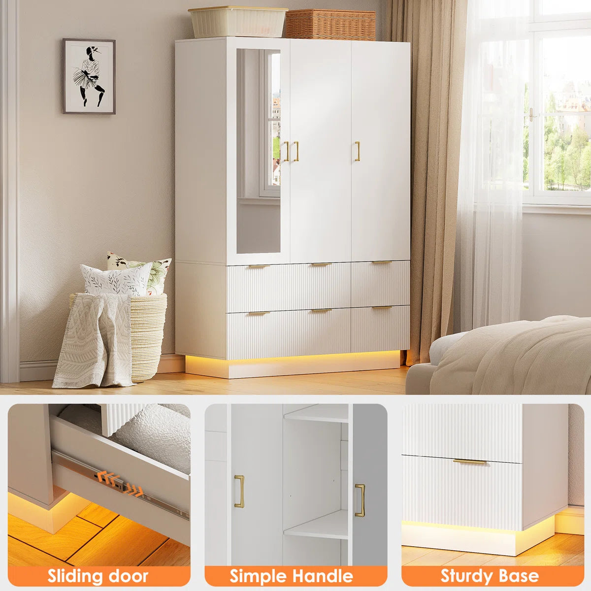 Armoire Wardrobe Closet With 3 Door, Mirror And Led Lights