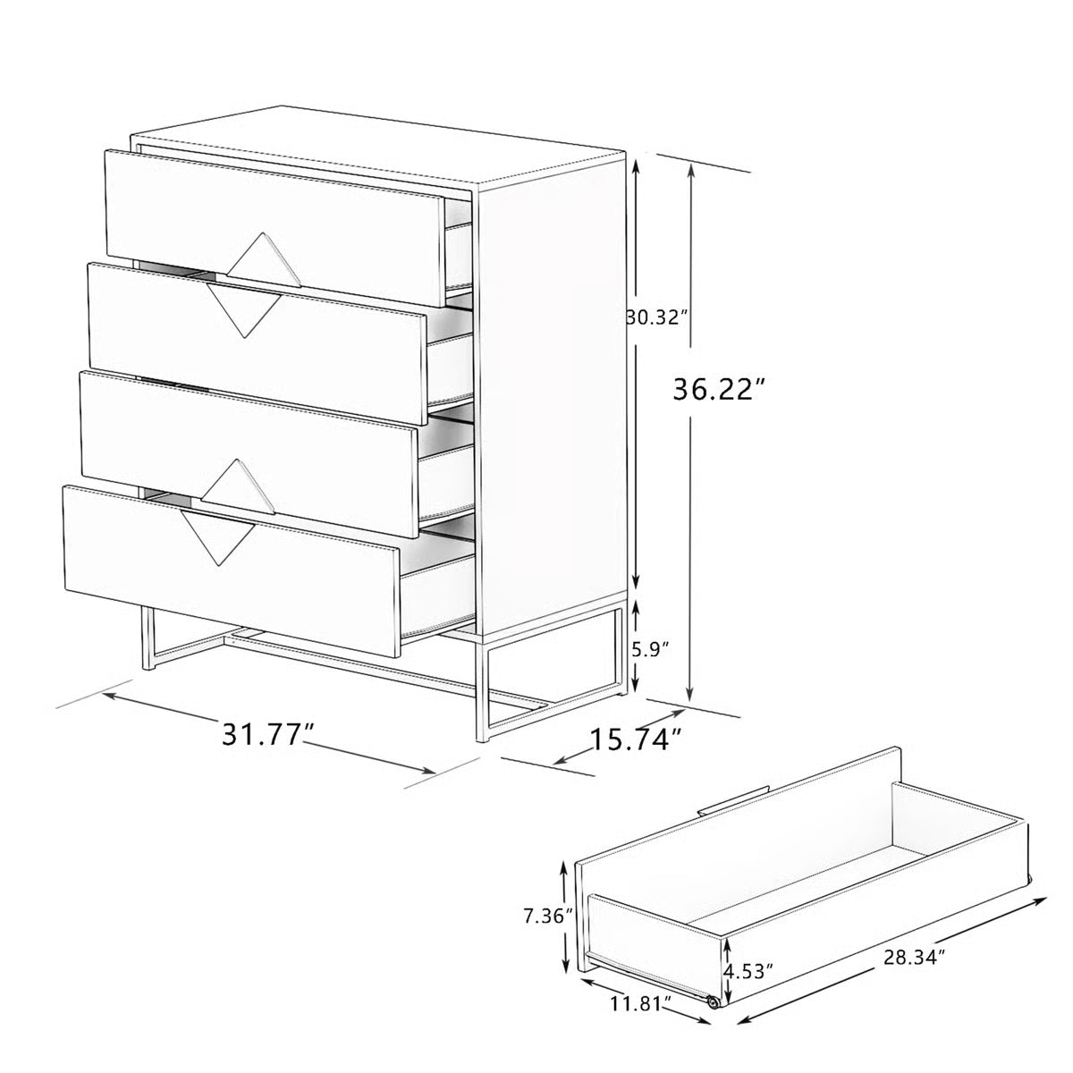 4 Drawer Bedroom Dresser - Space Saving, , Solid Wood Handle Design Furniture Drawers, Stable, Square