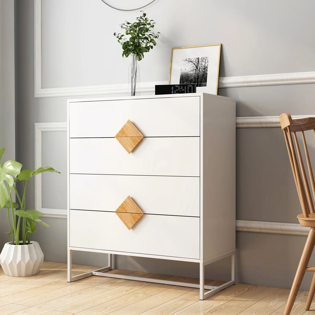 4 Drawer Bedroom Dresser - Space Saving, , Solid Wood Handle Design Furniture Drawers, Stable, Square