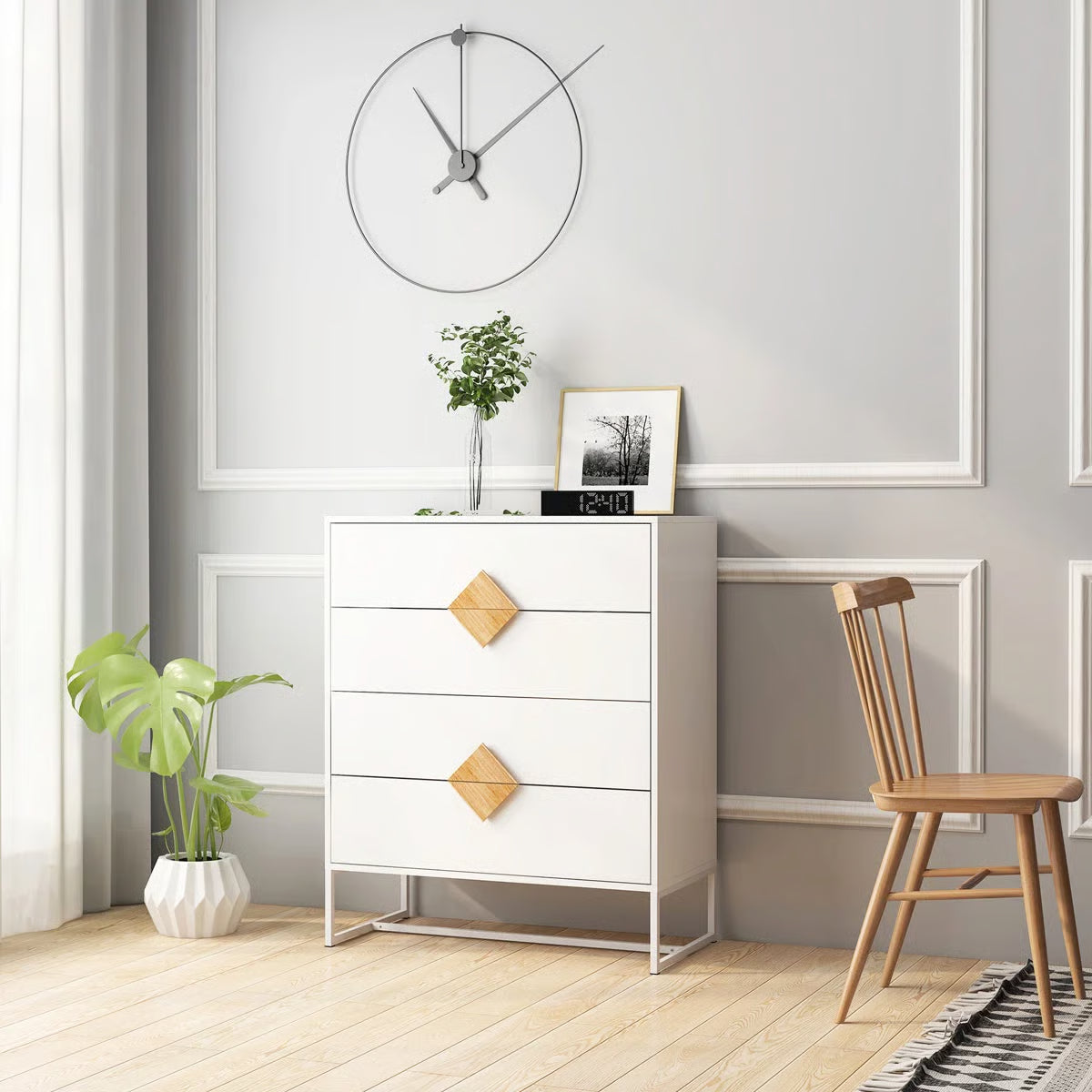 4 Drawer Bedroom Dresser - Space Saving, , Solid Wood Handle Design Furniture Drawers, Stable, Square
