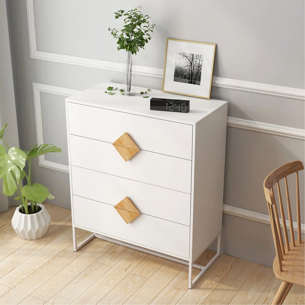 4 Drawer Bedroom Dresser - Space Saving, , Solid Wood Handle Design Furniture Drawers, Stable, Square