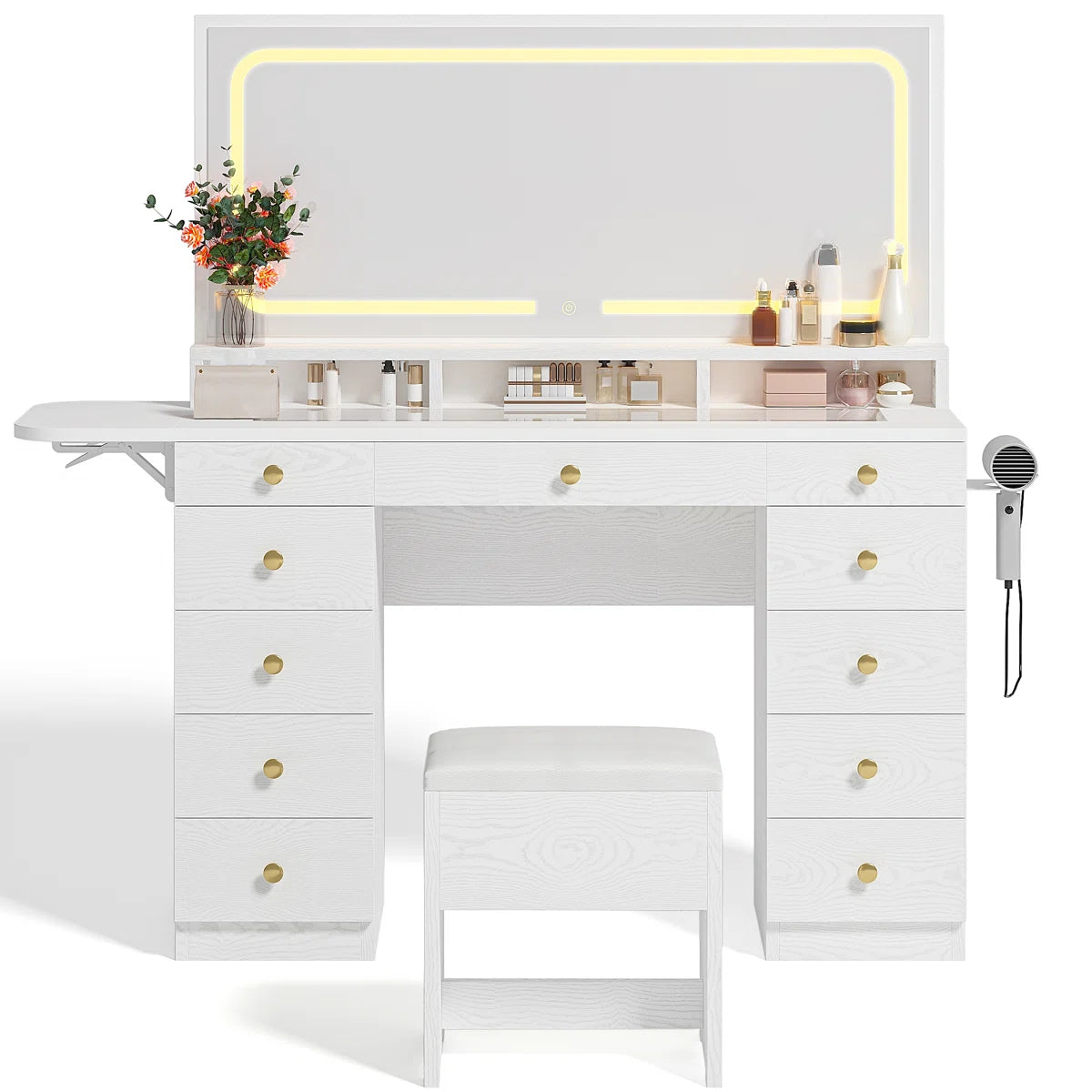 46’’ Makeup Vanity Set with LED Lights, Mirror, Power Outlet, 11 Drawers, and Matching Stool