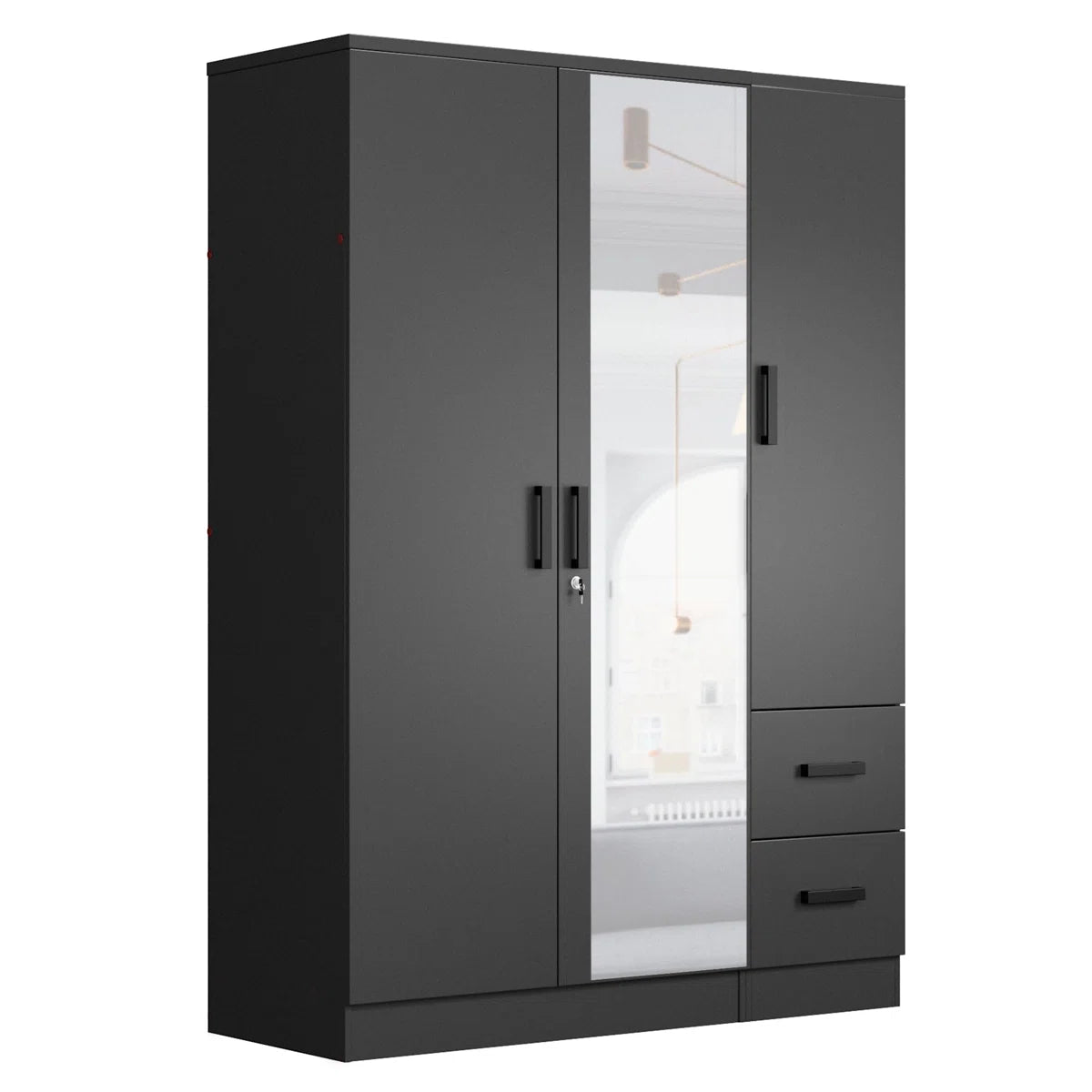 Wooden 2 Drawers 3 Doors Wardrobe Armoire With Mirror
