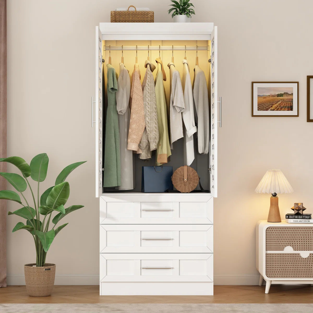75.6''H Armoire Wardrobe With Sensor Light, 3 Hand-Made Woven Rattan Doors, Hanging Rod And 3 Drawers