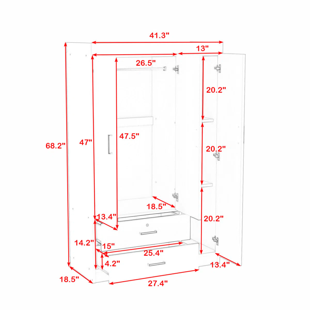 Carene Wood 2 Drawers 3-Doors Wardrobe with Shelves
