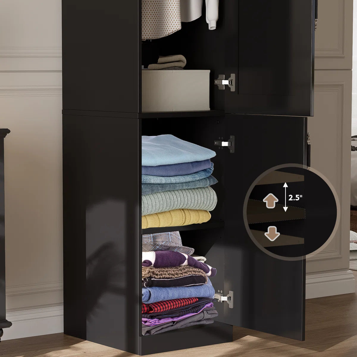 Armoire Wardrobe Closet With 2 Door & Shelves, 74.8" Large Wardrobe Cabinet With Hanging Rod, Freestanding Modern Bedroom Armoire Storage Cabinet, White