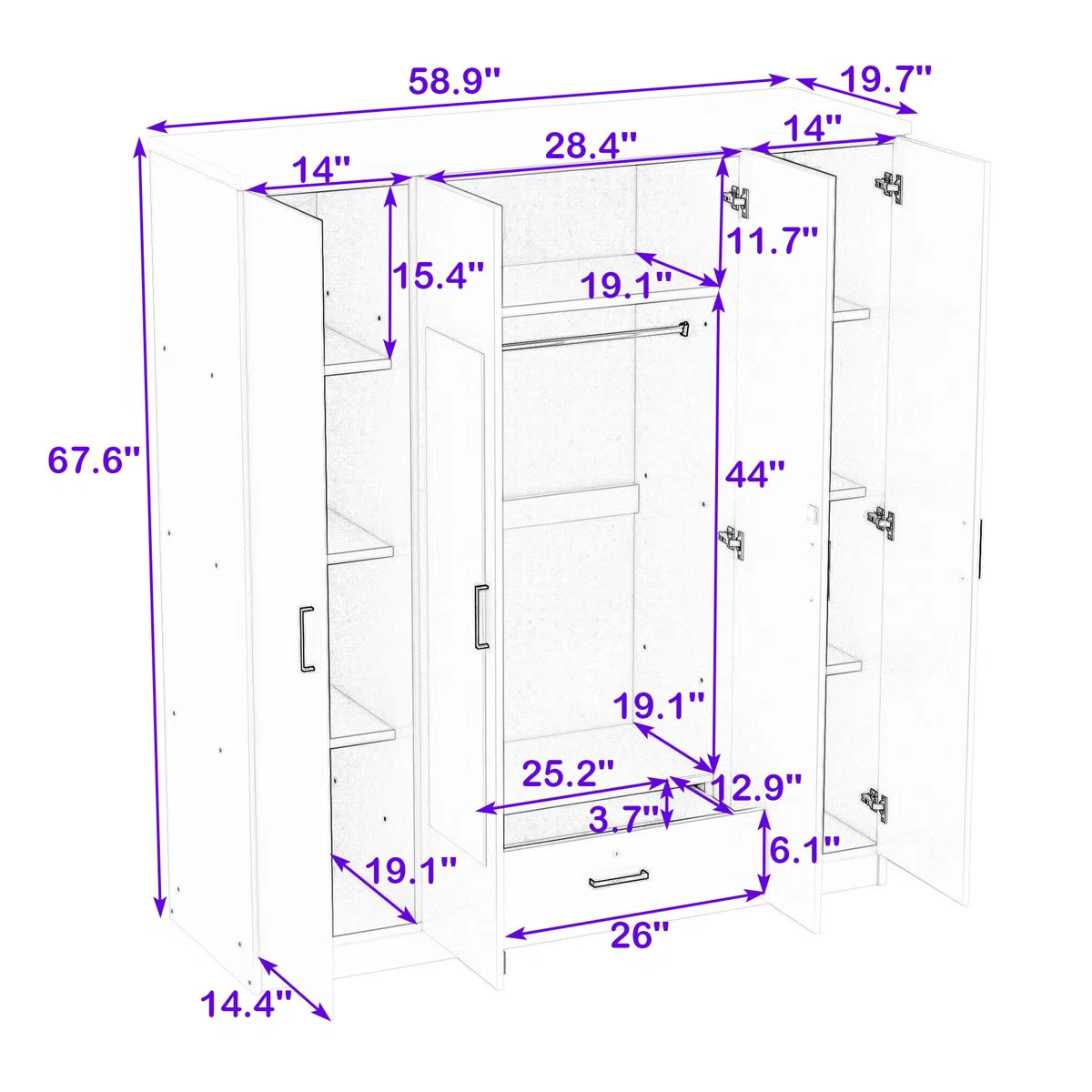 Contemporary Wooden Freestanding Wardrobe with Built-in Mirrors and Lockable Drawer