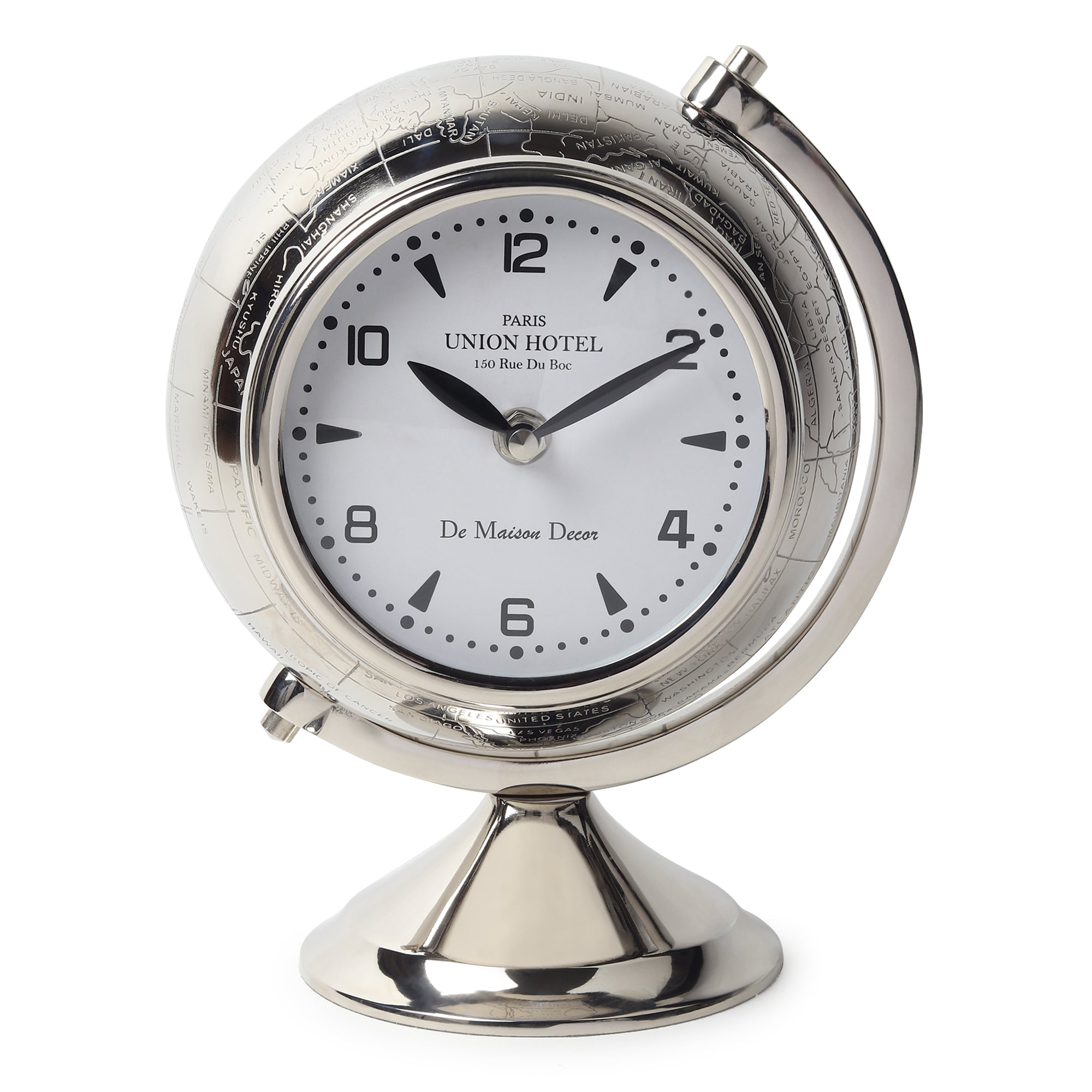 The Etched World Table Clock in Silver - OUCHCART