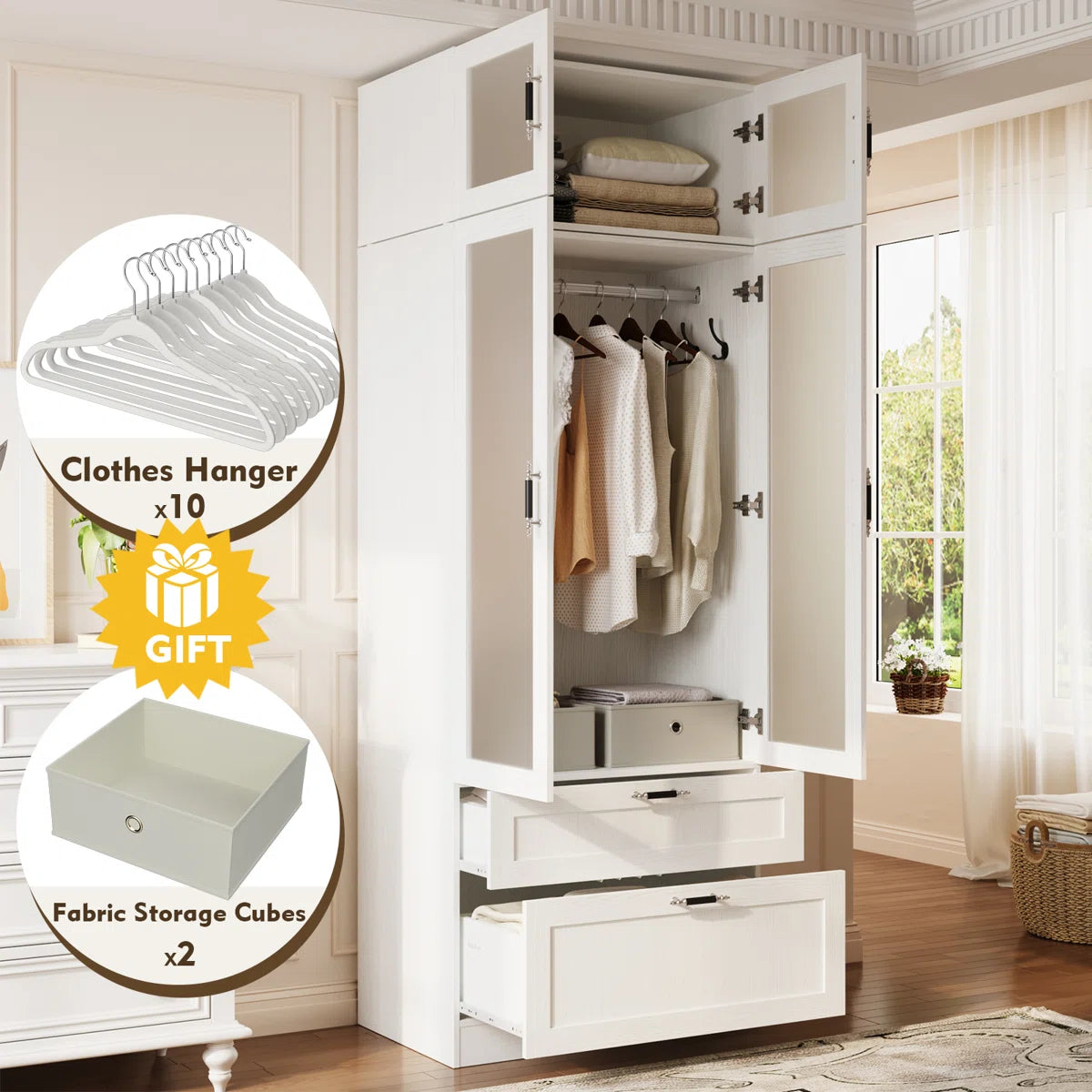 Meissalivve 2 Door Wardrobe Cabinet With Hanging Rod & 2 Drawers, 85.9''H Armoire Wardrobe Closet With Frosted Glass, Wardrobe Clothes Storage Closet Cabinet With Top Cabinets For Bedroom, Wood Grain